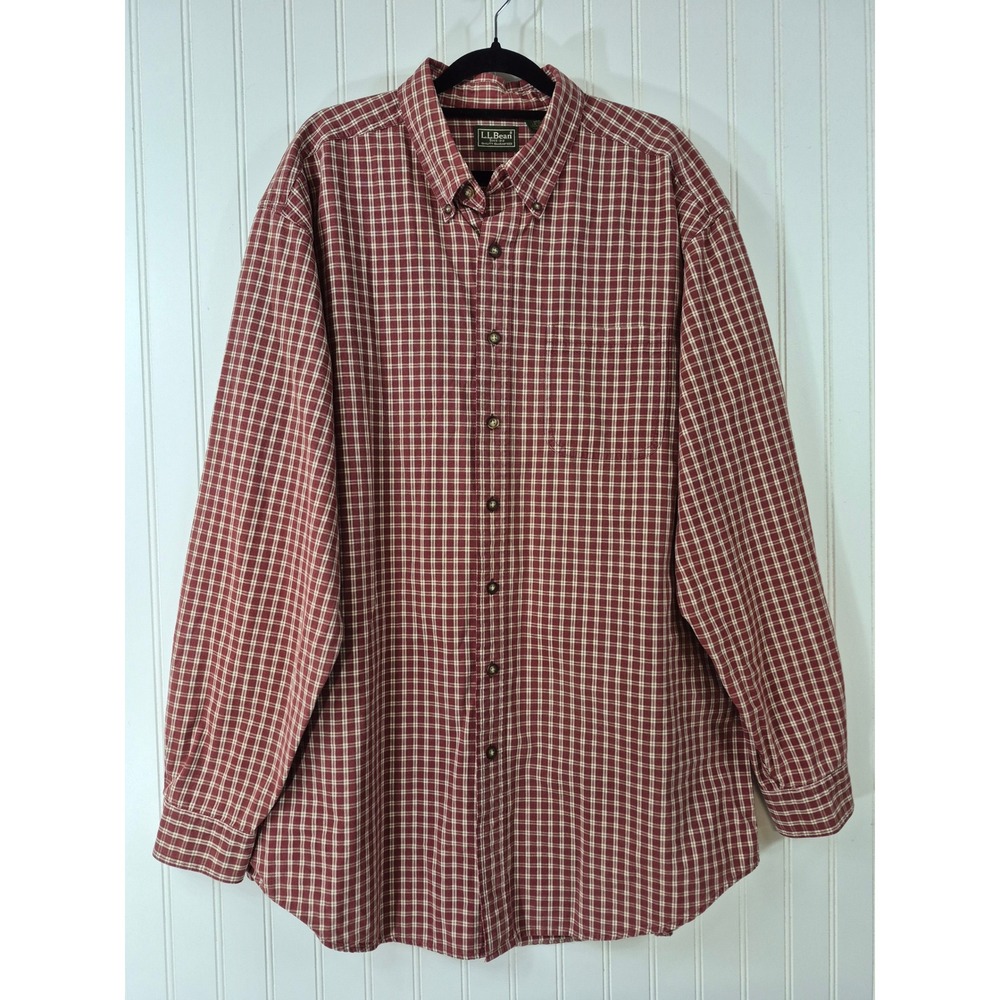 LL Bean Large Tall Red White Plaid Button Down Shirt 100% Cotton Long Sleeve